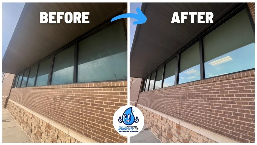 Before and after building washing of a commercial brick exterior in DFW
