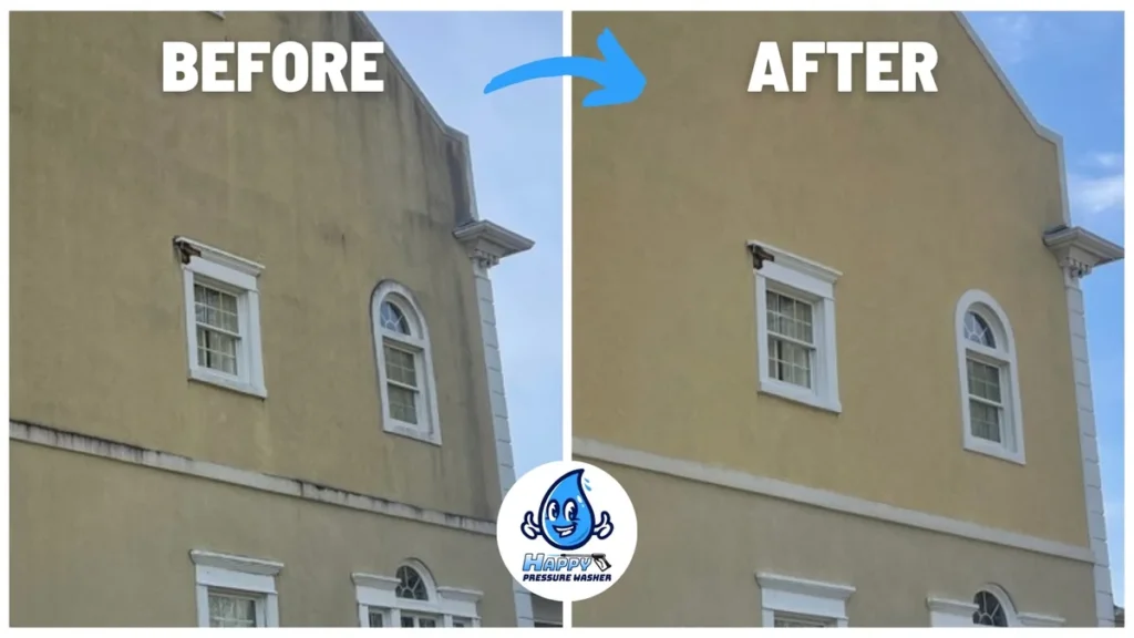 Before and after soft washing the stucco exterior of a commercial building