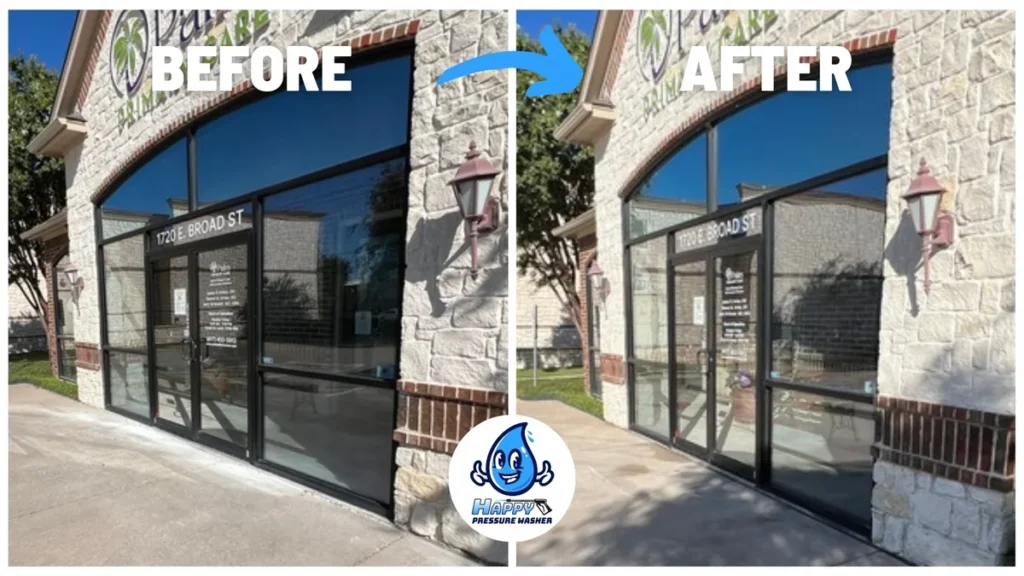 Before and after cleaning the glass storefront of a stone-faced retail building