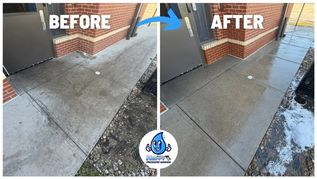 Before and after cleaning a concrete sidewalk along a brick storefront