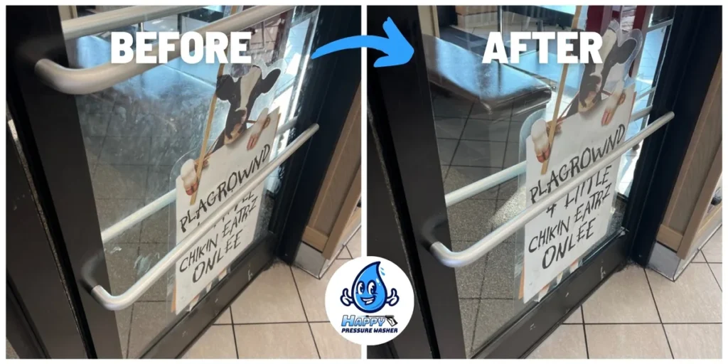 Before and after cleaning a restaurant's glass entry door