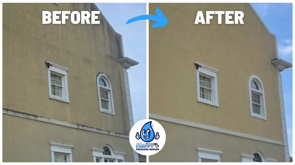 Before and after soft washing of a stucco commercial building exterior