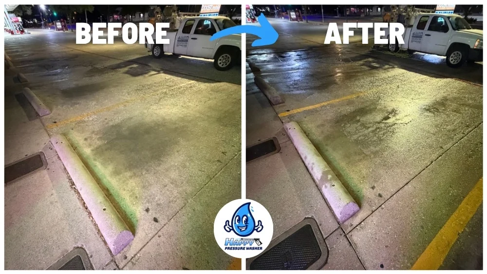 Overnight pressure washing of a restaurant parking lot and curb