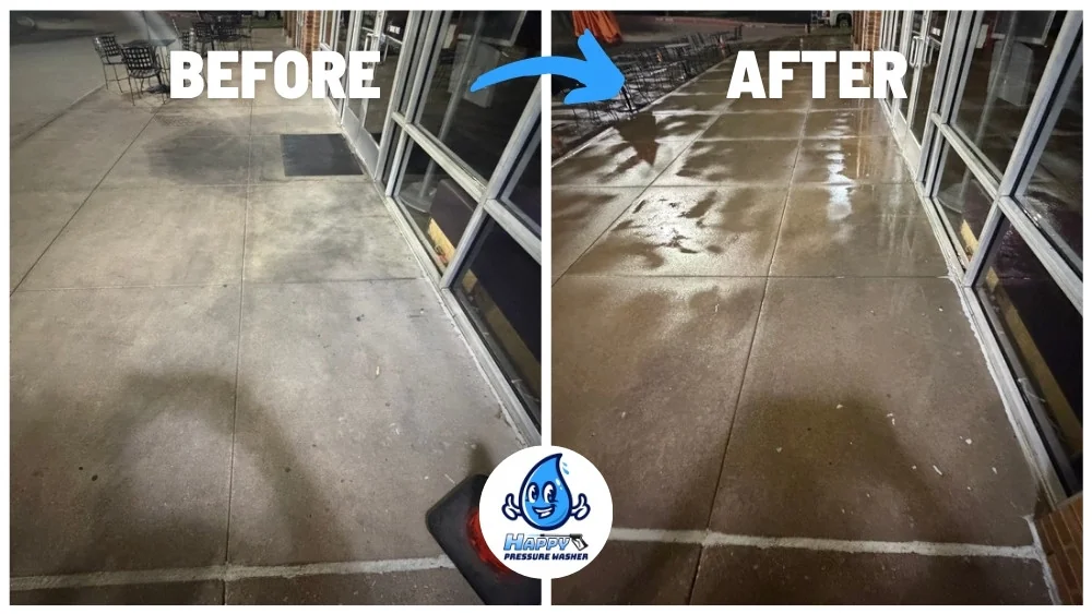 Before and after storefront walkway cleaning at a commercial property