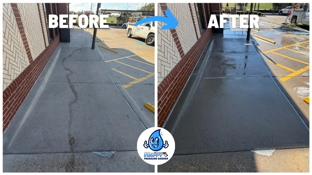 Before and after pressure washing of a storefront sidewalk at a retail center