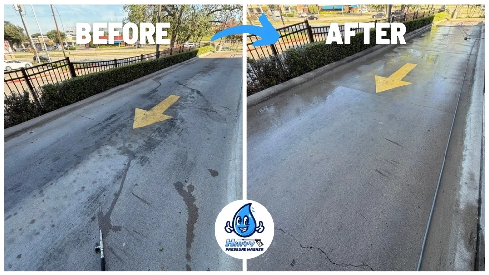 Before and after drive-thru lane pressure washing at a DFW restaurant