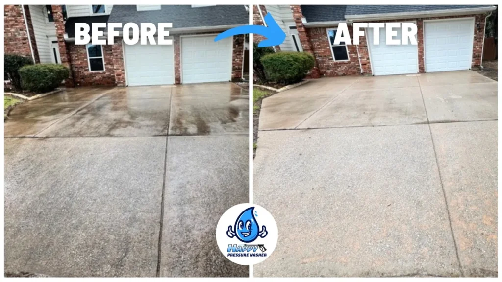 Before and after pressure washing a concrete driveway in front of a two-car garage