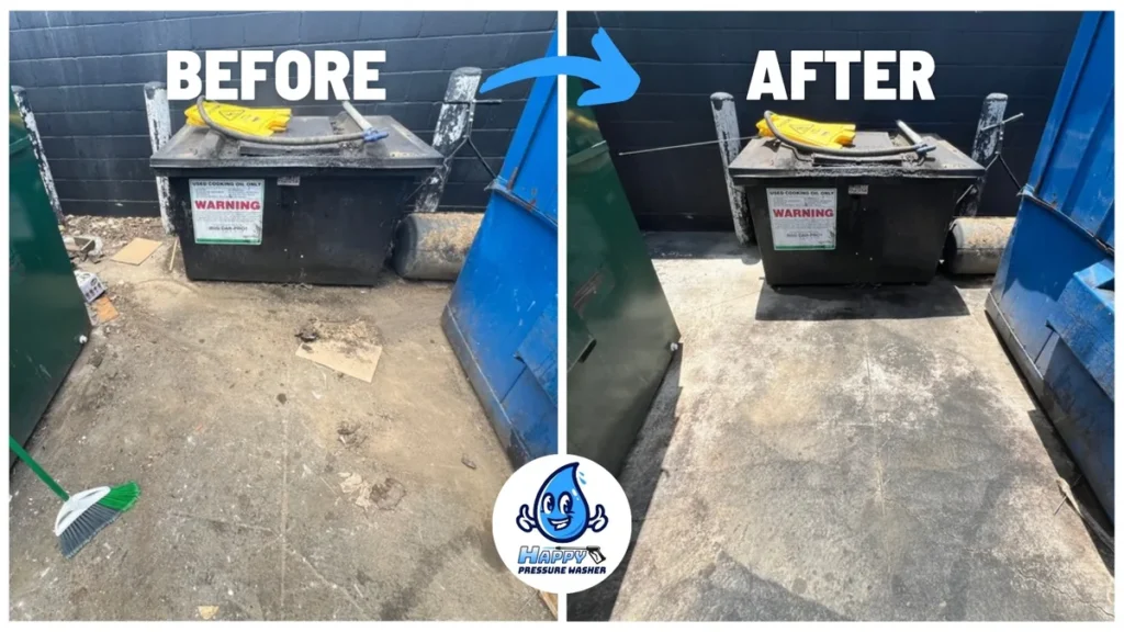 Before and after cleaning the concrete pad and dumpster area of a commercial enclosure