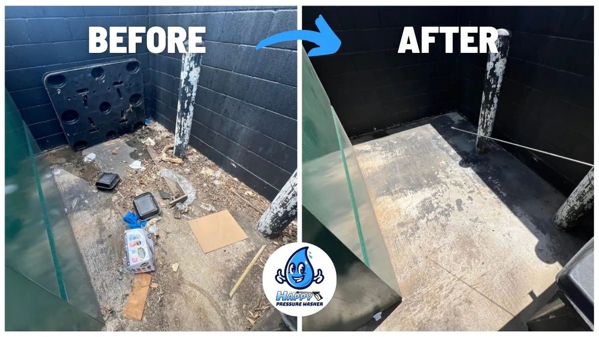 Before and after commercial dumpster pad cleaning behind a retail property