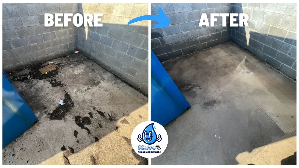 Before and after cleaning a stained concrete dumpster pad inside a block enclosure