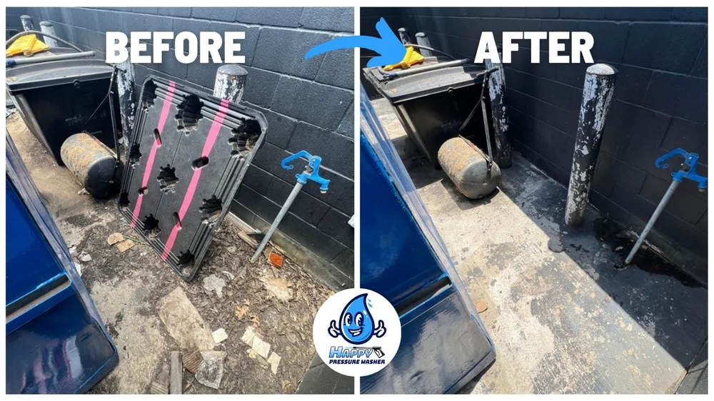 Before and after cleaning of a greasy restaurant dumpster pad