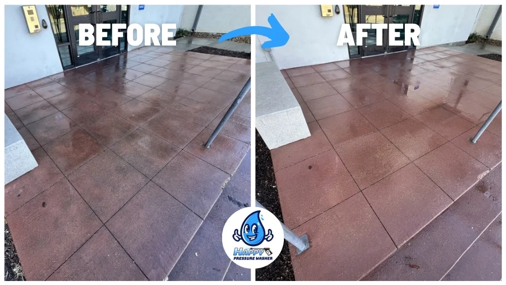 Before and after cleaning of a tiled plaza entrance at a commercial building