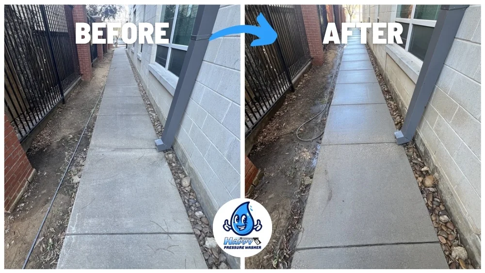 Before and after walkway cleaning beside a commercial building