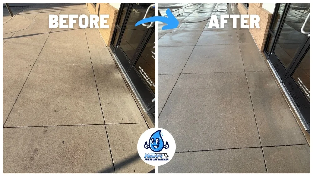 Before and after pressure washing of a storefront sidewalk at a shopping center