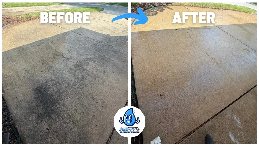 Before and after pressure washing of a stained residential driveway