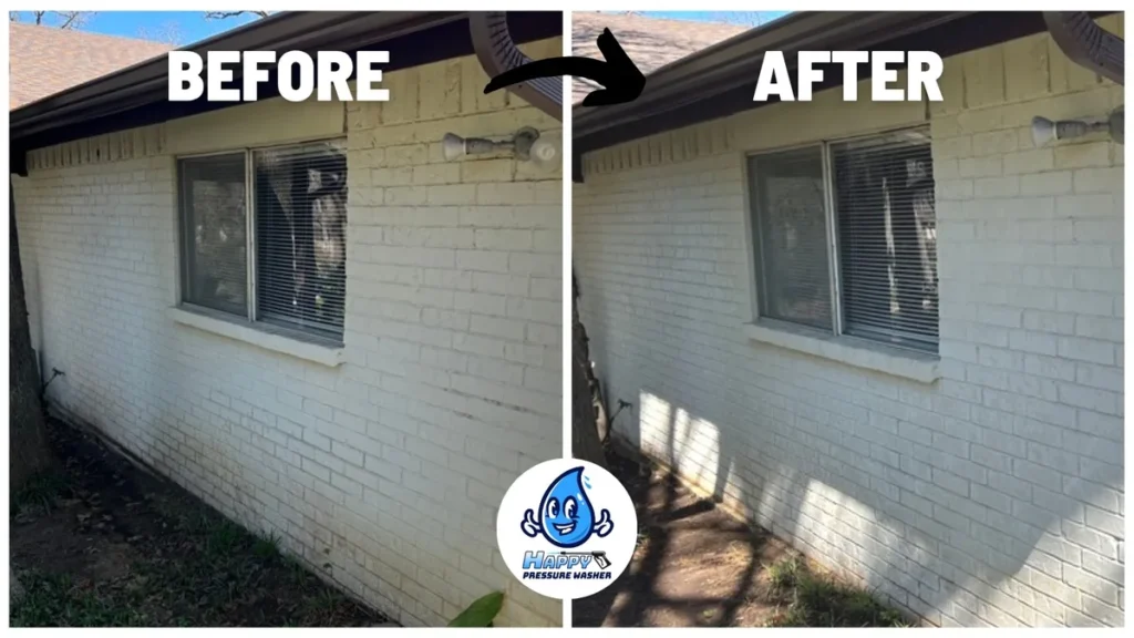Before and after soft washing a white painted brick wall and window on a house