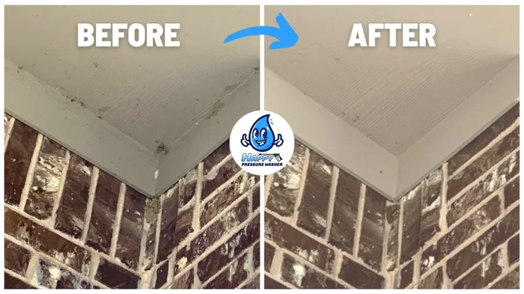 Before and after cleaning dark buildup off a house eave, trim and brick corner