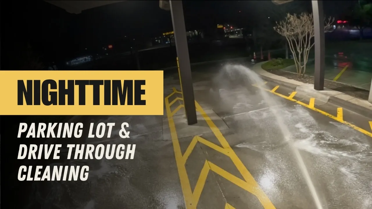 Overnight commercial pressure washing of a parking lot and drive-thru lane in Arlington, TX