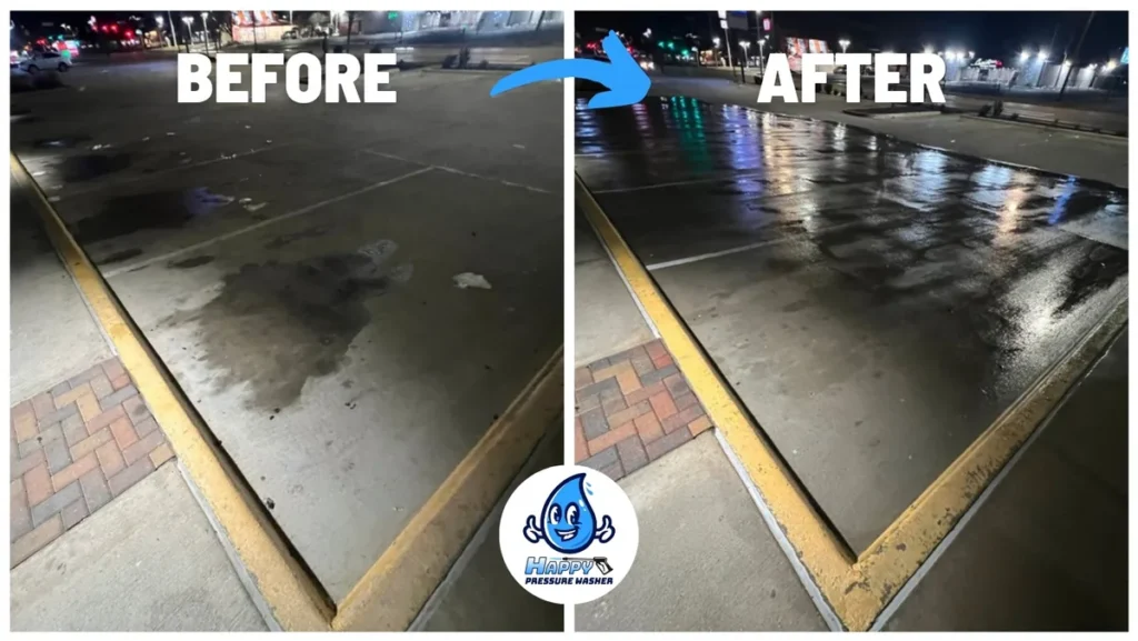 Before and after cleaning stained parking lot concrete at night
