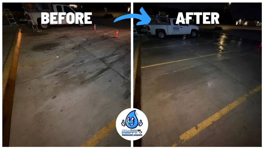 Before and after parking lot pressure washing at a commercial property in Arlington, TX