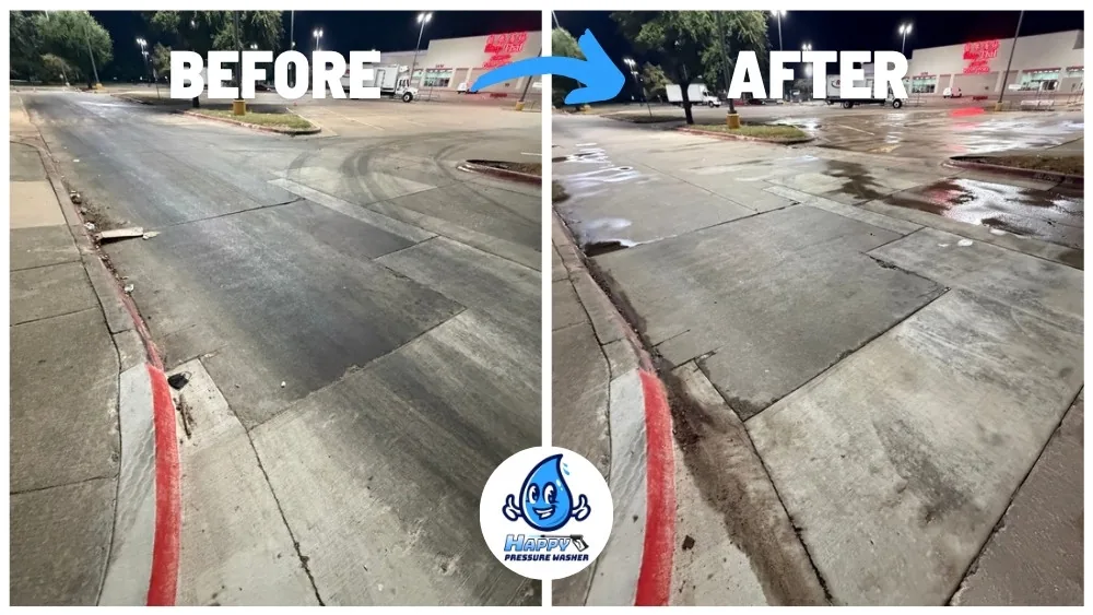 Before and after commercial parking lot pressure washing in Dallas-Fort Worth