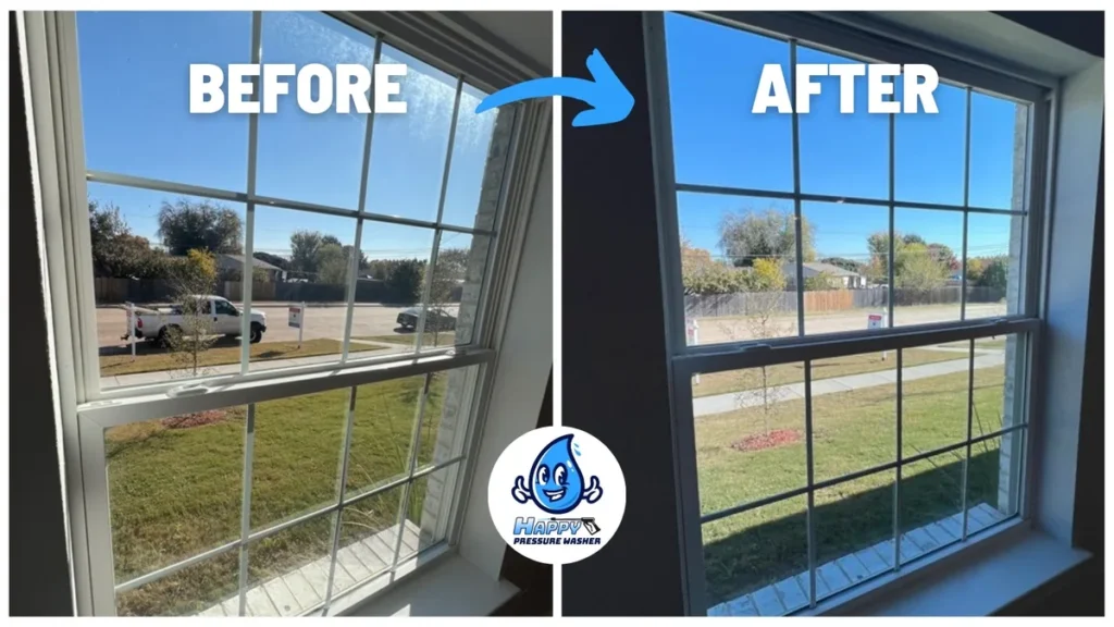 Before and after cleaning a home's double-hung window, seen from inside