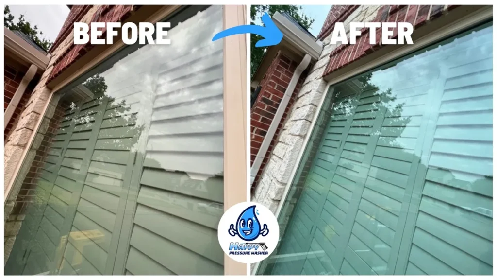 Before and after cleaning a home window with interior shutters behind the glass