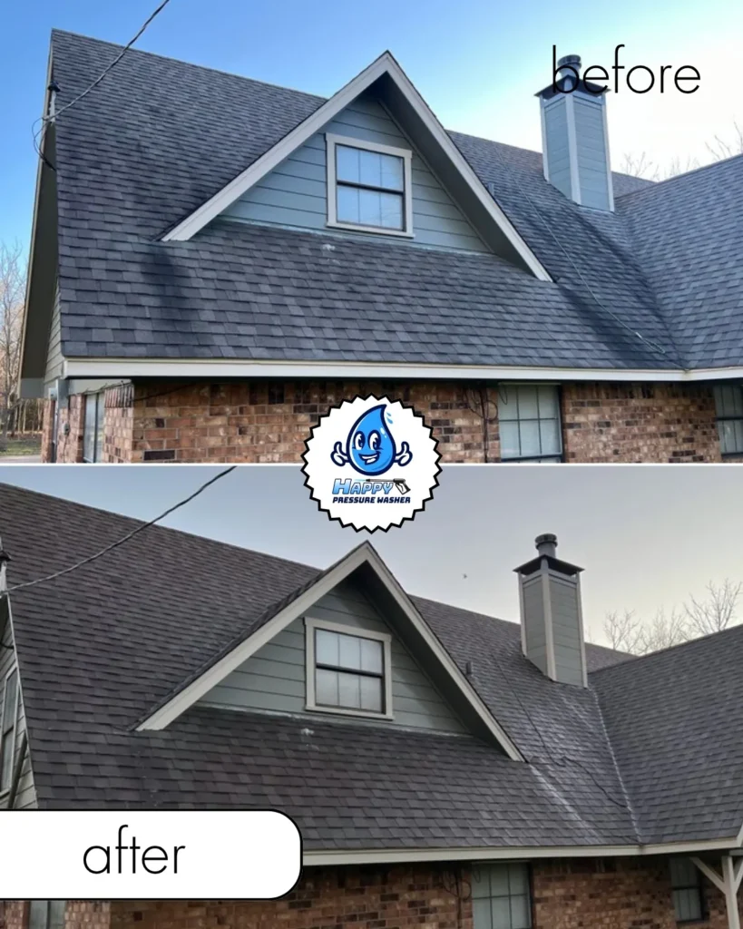 Before and after roof washing on a shingle roof with a gable window and chimney