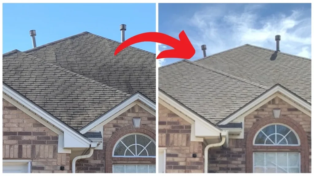 Before and after roof washing on a brick home's asphalt shingle roof