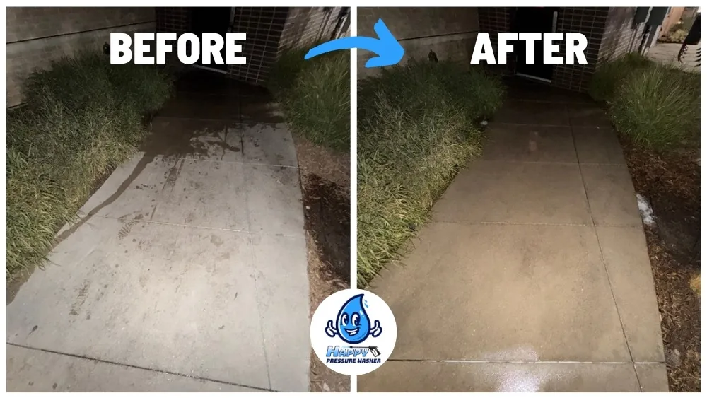 Before and after sidewalk pressure washing at a DFW retail plaza