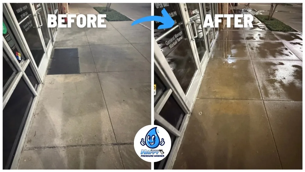 Before and after storefront walkway cleaning at a DFW retail center