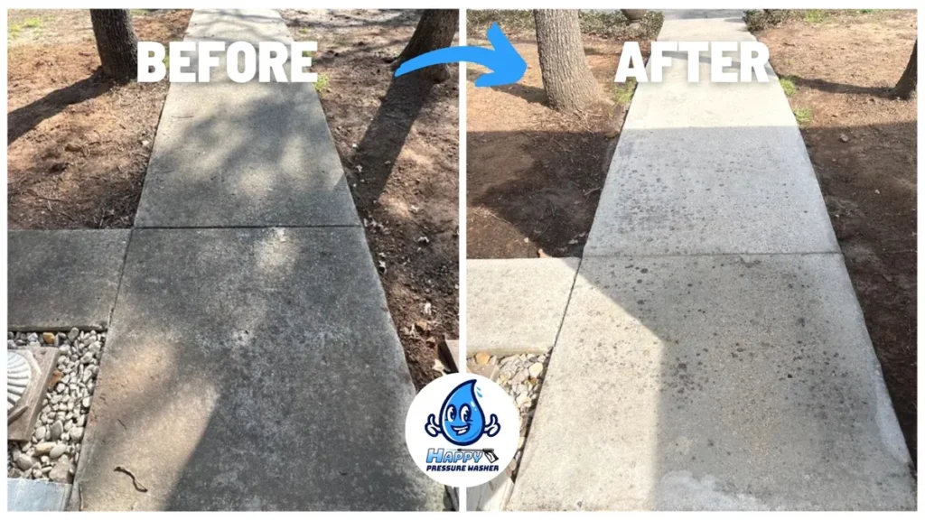 Before and after pressure washing a concrete walkway beside a house